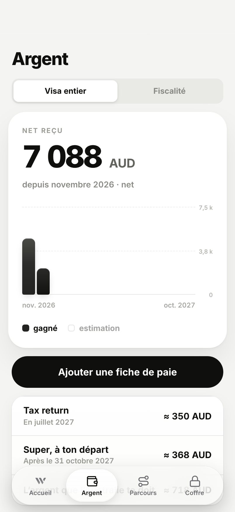 WHV Wallet : onglet Argent, premières fiches de paie