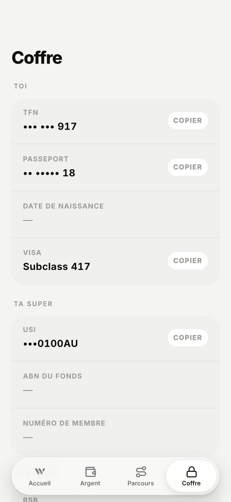 WHV Wallet, Coffre : TFN, passeport, visa et USI du fonds de super