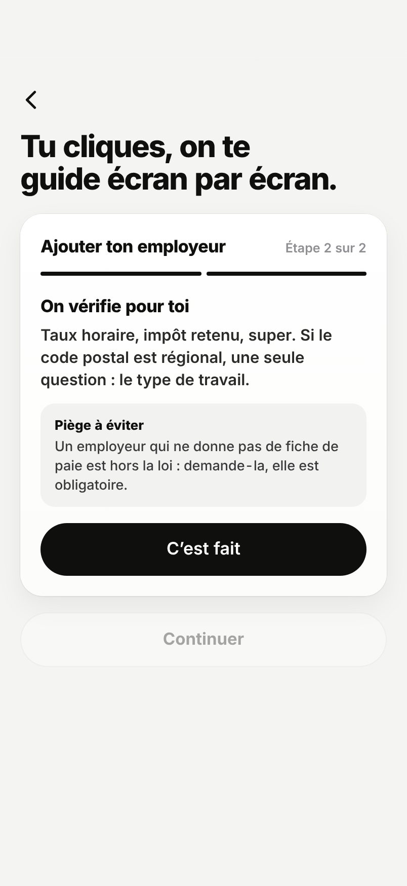 WHV Wallet : guide « Ajouter ton employeur », étape 2 : on vérifie pour toi