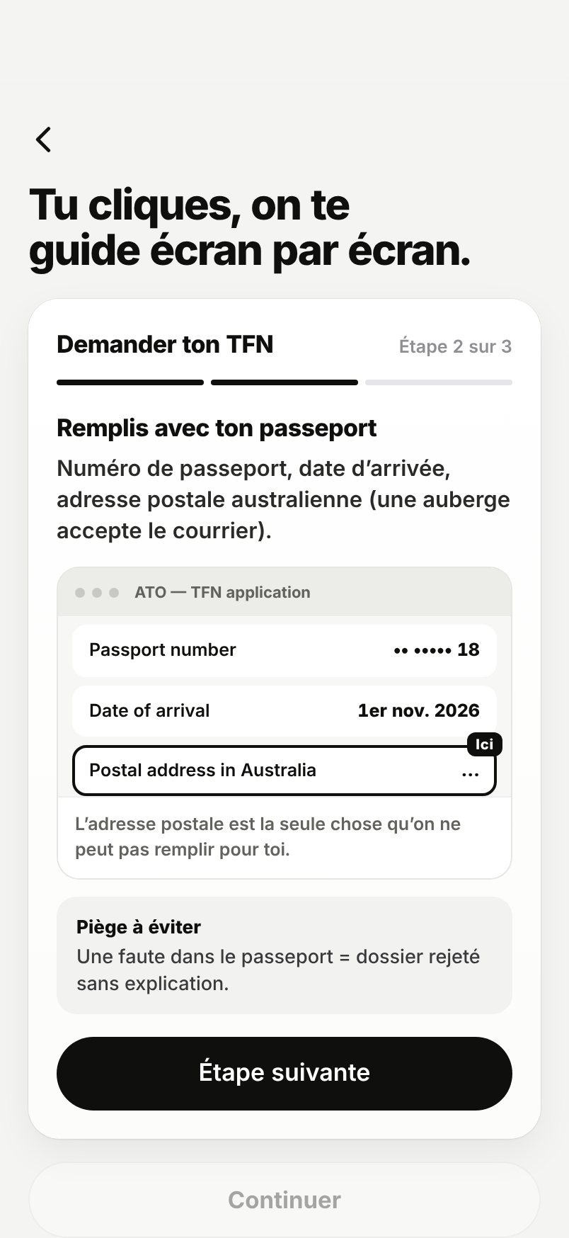 WHV Wallet : guide TFN, étape 2 : remplir avec son passeport