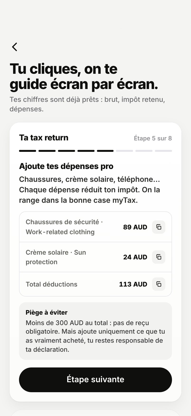 WHV Wallet, guide tax return, étape 5 : ajouter ses dépenses pro, total des déductions