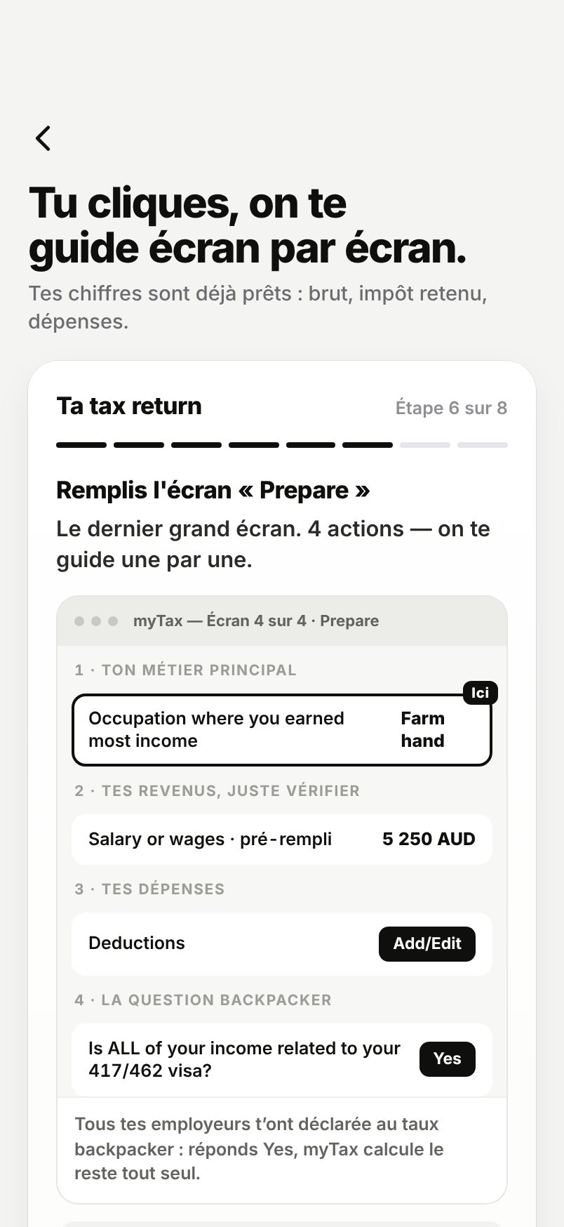 WHV Wallet : guide tax return, étape 6 : l'écran « Prepare »