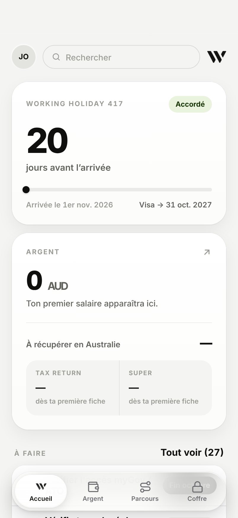 WHV Wallet, accueil : visa accordé, 20 jours avant l'arrivée