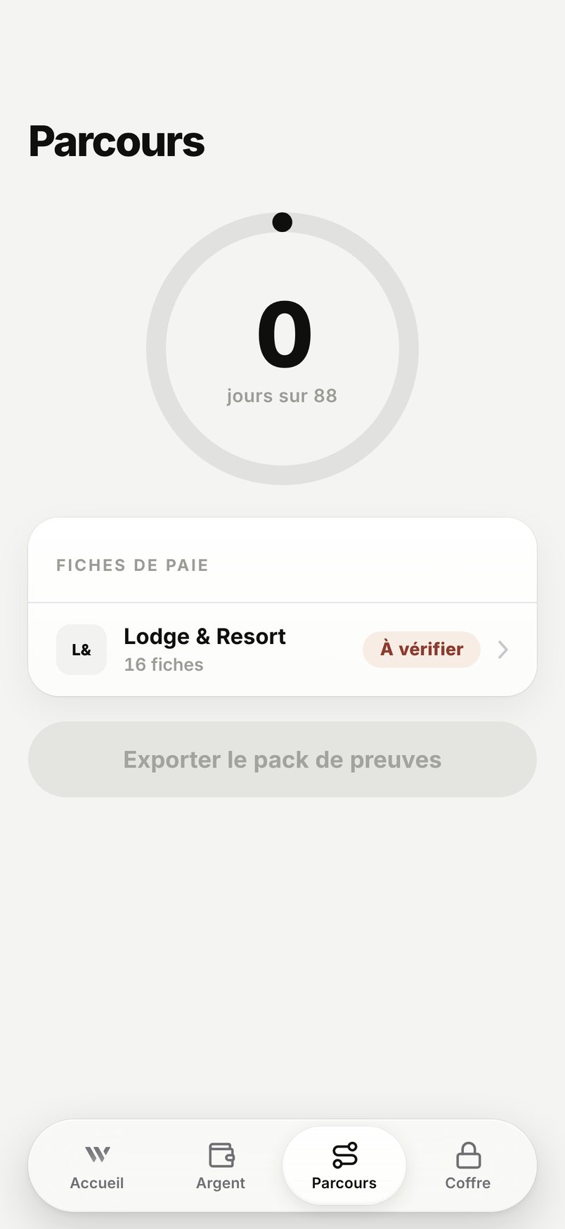 WHV Wallet, onglet Parcours : compteur des 88 jours à 0, une fiche de paie à vérifier