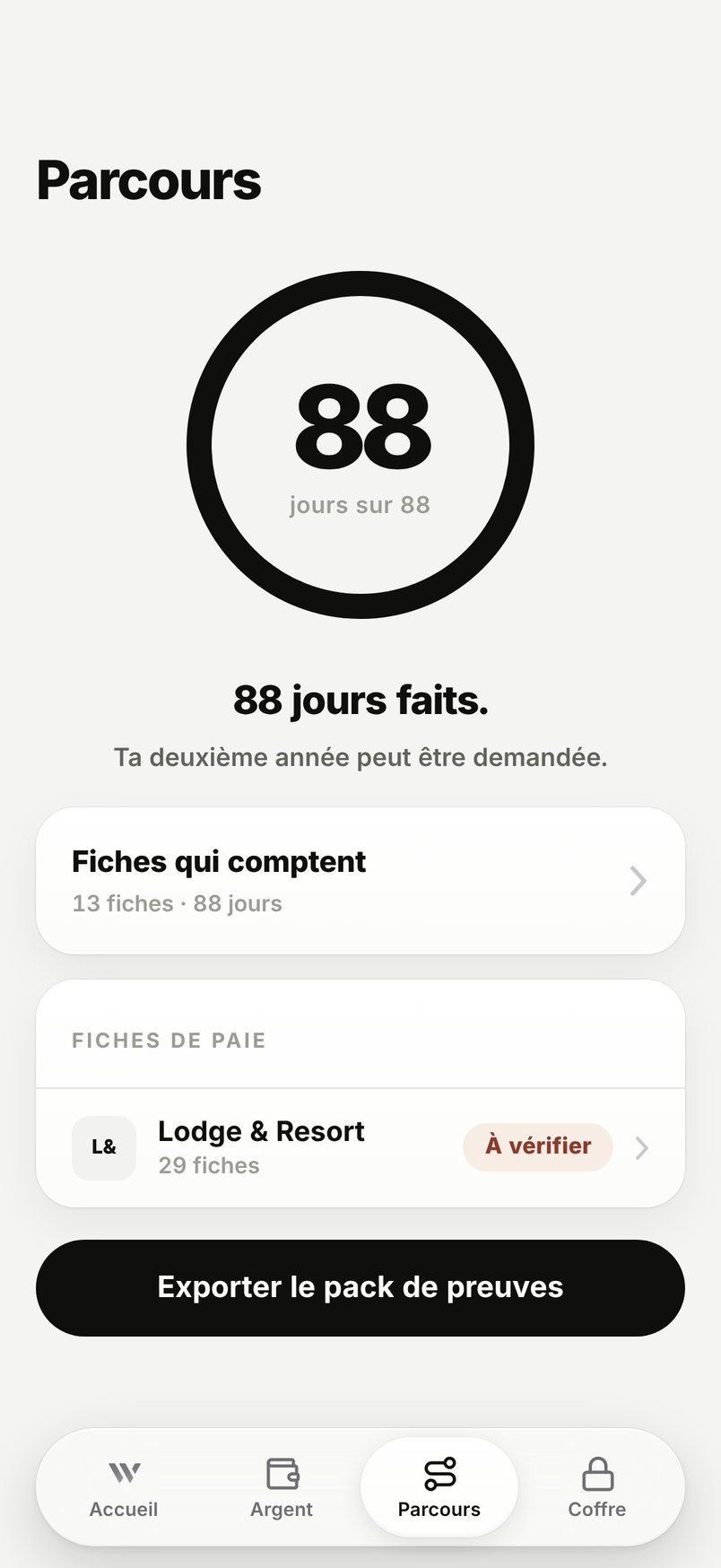 WHV Wallet : 88 jours faits, bouton Exporter le pack de preuves