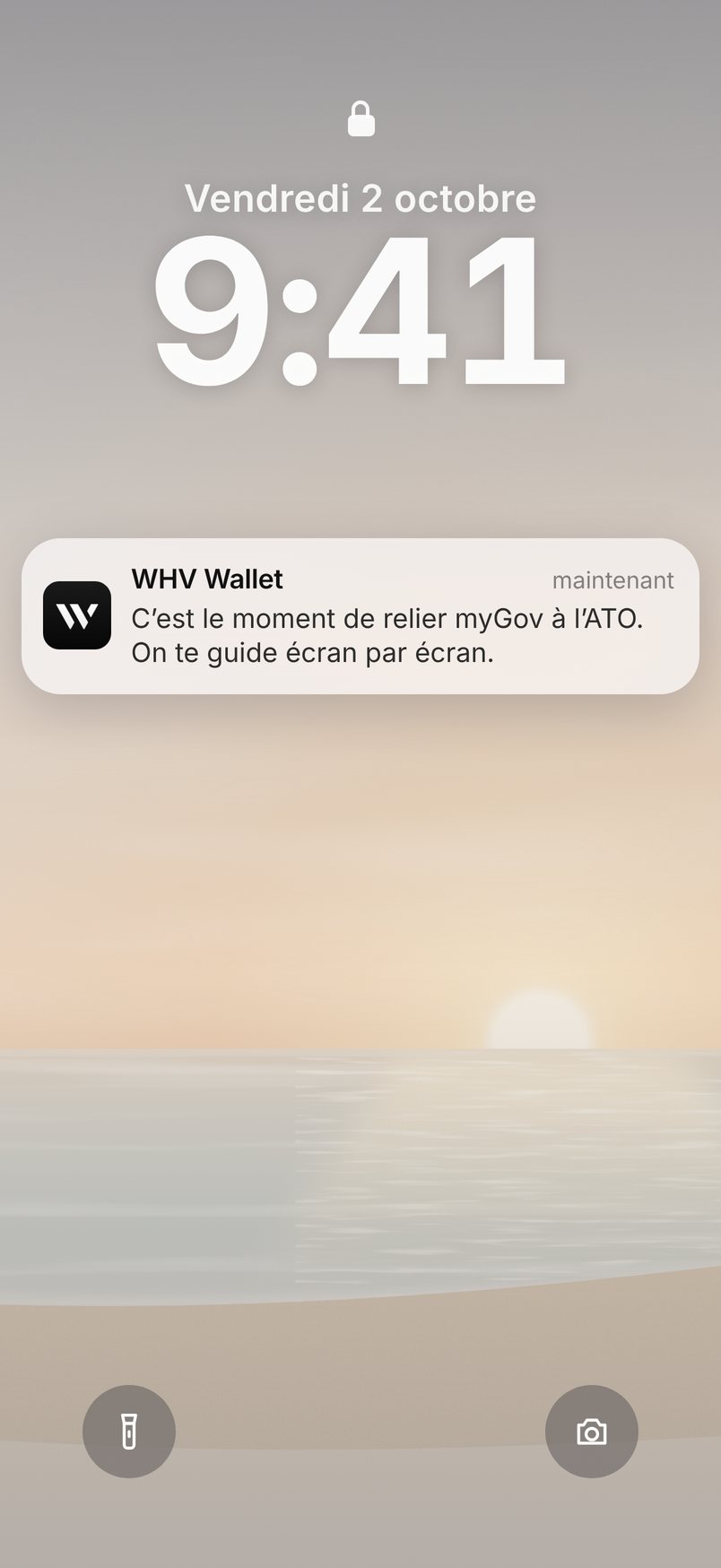 Notification WHV Wallet sur l'écran verrouillé : relier myGov à l'ATO