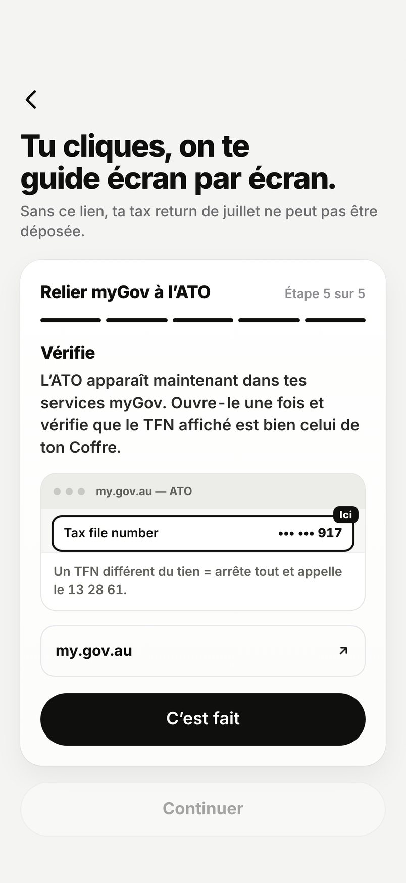 Guide WHV Wallet, relier myGov à l'ATO, étape 5 : vérifier son TFN