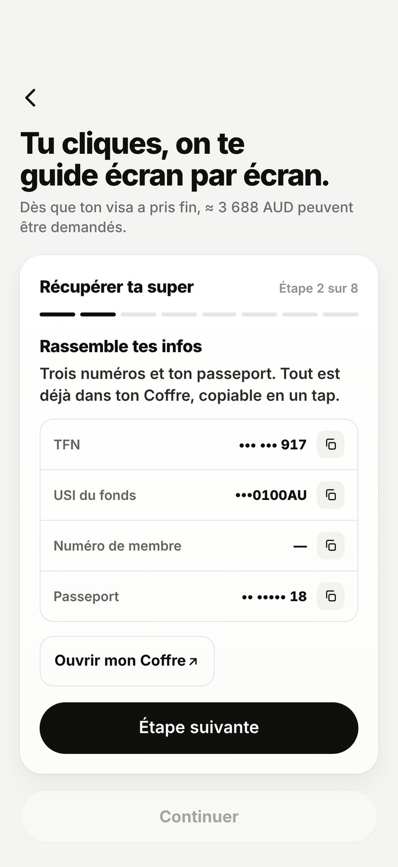 Guide DASP de WHV Wallet, étape 2 : TFN, USI du fonds et passeport rassemblés