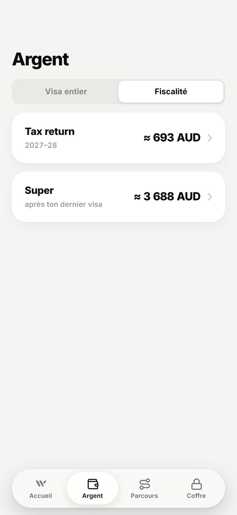 WHV Wallet, onglet Fiscalité : tax return et super à récupérer en AUD