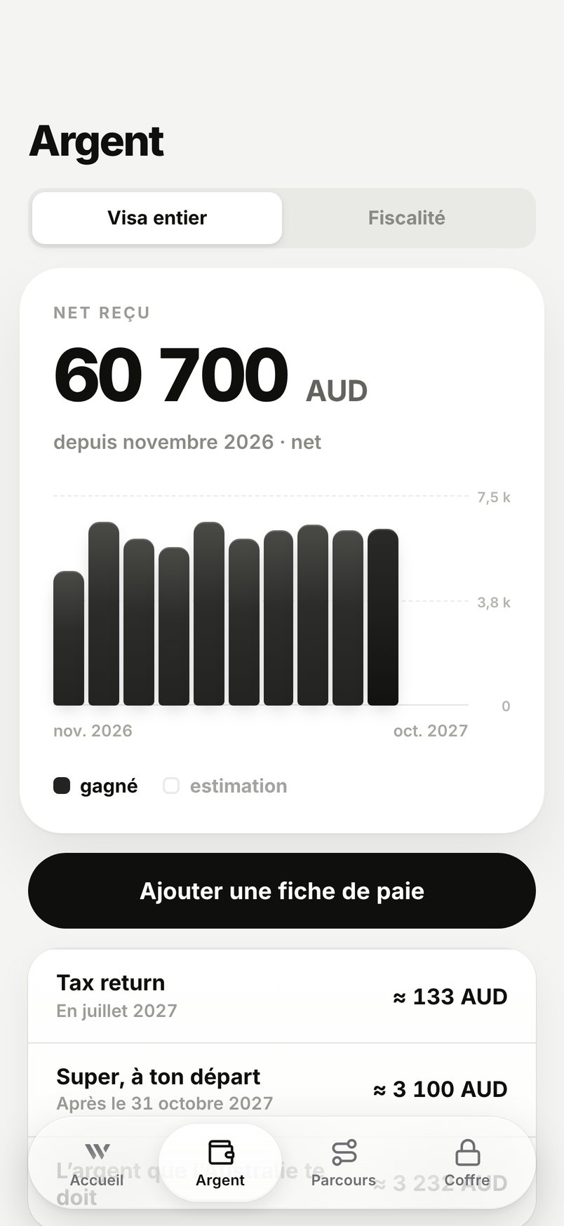 WHV Wallet, onglet Argent : super à ton départ mise à jour fiche après fiche